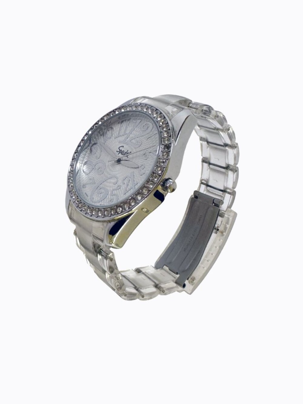 Vtg Speidel Y2K Clear Crystal Watch Silver Oversized Dial Translucent Band Retro